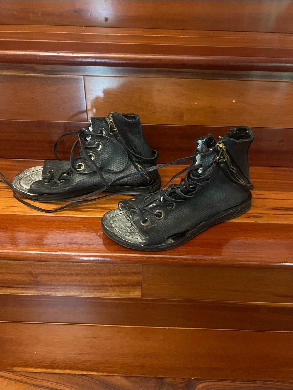 A.S.98 Black Leather Lace-Up High-Top Sandals - Picture 15 of 15